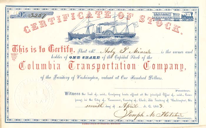 Columbia Transportation Co. - Shipping Stock Certificate - Territory of Washington
